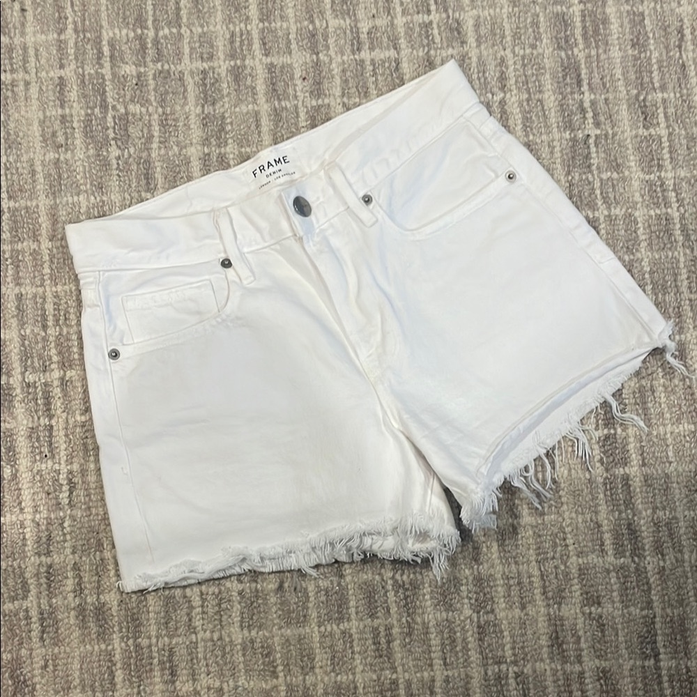 Frame Denim White Jean Shorts with Frayed Hem